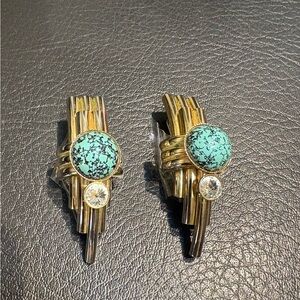 Vintage Art Deco Gold Tone w/Turquoise & Crystal Stone Earrings